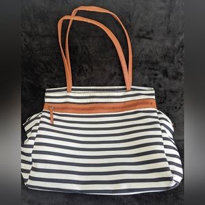 DSW Exclusive-Striped Overnighter Large Tote Bag Black And Faux Leather Strap